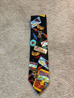 Vintage Addiction Black Silk Tie with fun novelty retro fishing theme print.